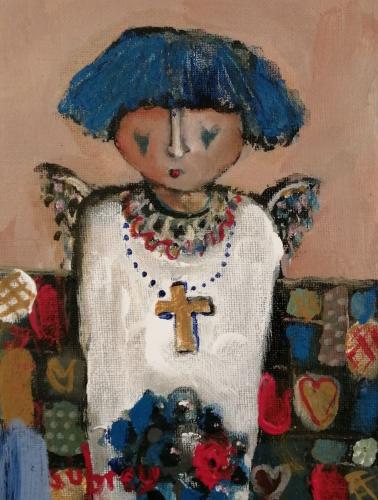 Angel in blue with blue and red flowers