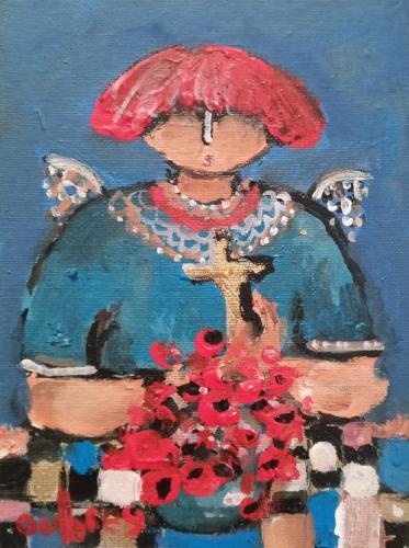 Angel in red with cross and red flowers