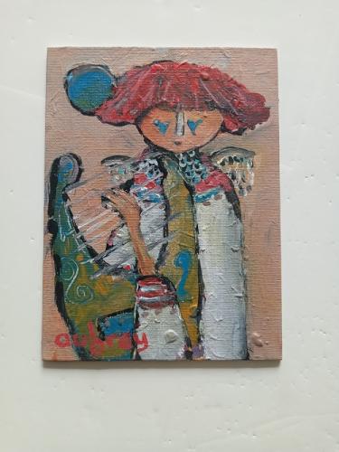 Angel in red with harp (study 1)