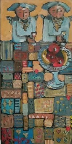 Angels in blue with wine and fruit bowl