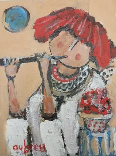 Musical angel in red under a  blue moon